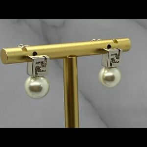 Auth FENDI F Silver Tone Pearl Earrings
